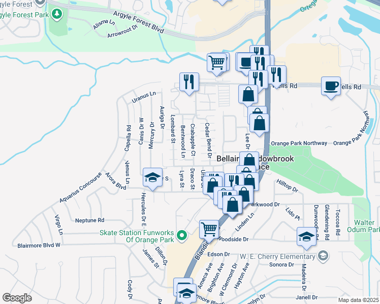 map of restaurants, bars, coffee shops, grocery stores, and more near 475 Crabapple Court in Orange Park