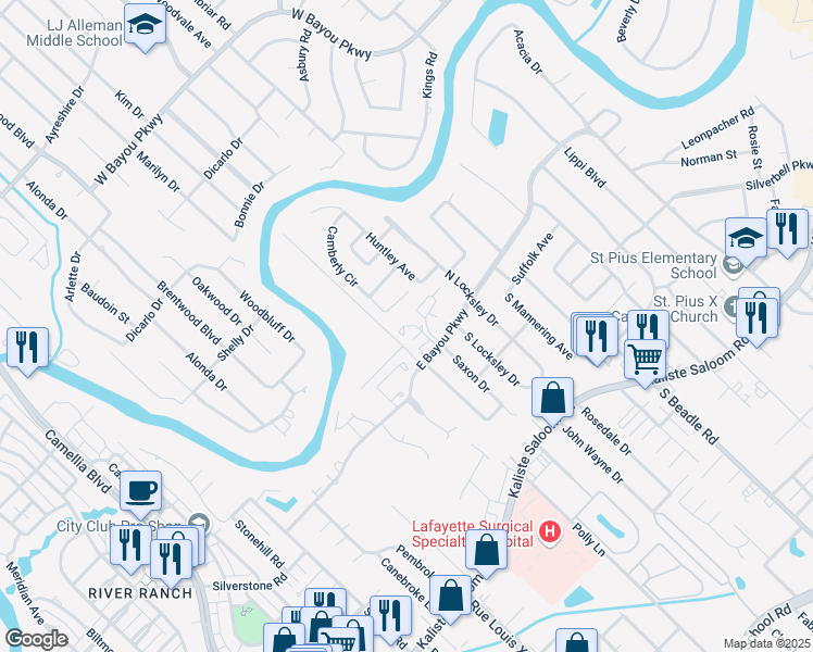 map of restaurants, bars, coffee shops, grocery stores, and more near 21-85 Eureka Plantation Road in Lafayette