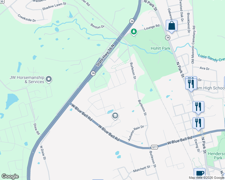 map of restaurants, bars, coffee shops, grocery stores, and more near 1800 FM 109 in Brenham