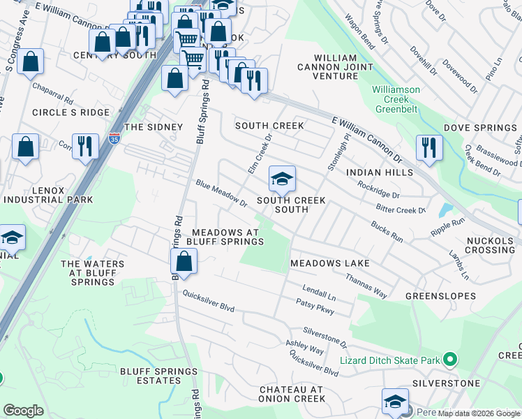 map of restaurants, bars, coffee shops, grocery stores, and more near 2205 Blue Meadow Drive in Austin