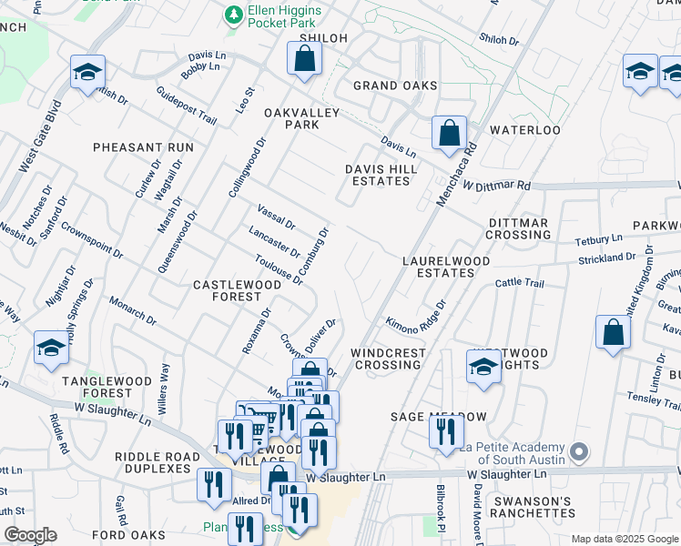 map of restaurants, bars, coffee shops, grocery stores, and more near 9107 Sedgemoor Trail in Austin