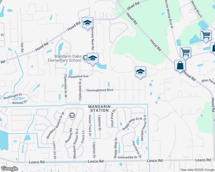 map of restaurants, bars, coffee shops, grocery stores, and more near 5171 Thoroughbred Boulevard in Jacksonville