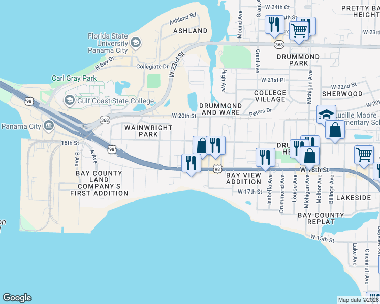 map of restaurants, bars, coffee shops, grocery stores, and more near 4455 West 19th Street in Panama City