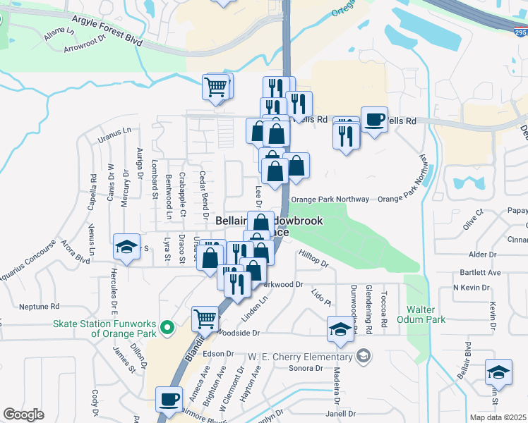 map of restaurants, bars, coffee shops, grocery stores, and more near in Bellair-Meadowbrook Terrace