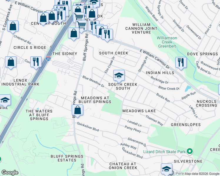 map of restaurants, bars, coffee shops, grocery stores, and more near 2205 Blue Meadow Drive in Austin