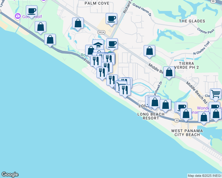 map of restaurants, bars, coffee shops, grocery stores, and more near 11087 Front Beach Road in Panama City Beach