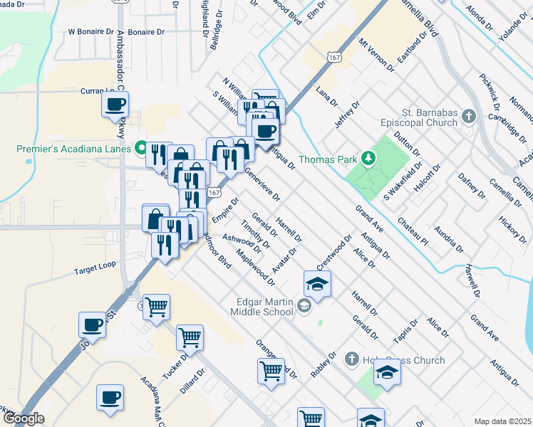 map of restaurants, bars, coffee shops, grocery stores, and more near 218 Gerald Drive in Lafayette