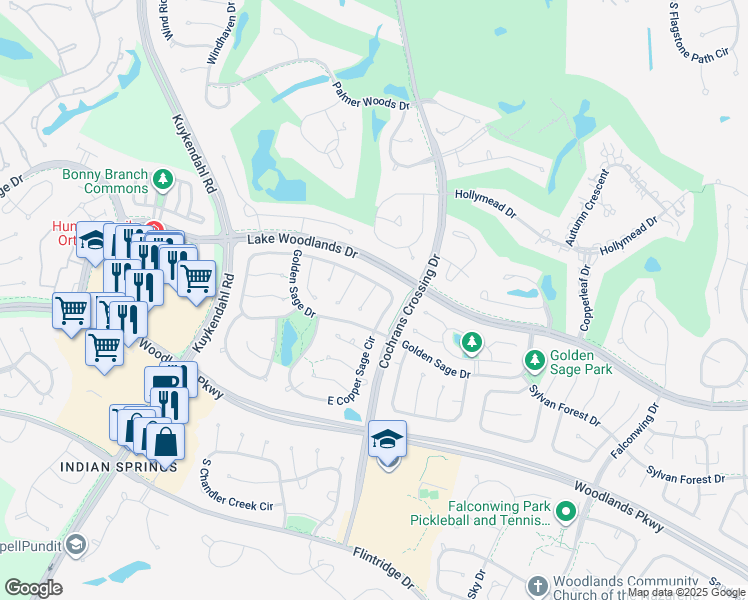 map of restaurants, bars, coffee shops, grocery stores, and more near 315 East Golden Arrow Circle in Spring