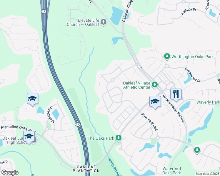 map of restaurants, bars, coffee shops, grocery stores, and more near 4123 Pebble Brooke Circle South in Orange Park