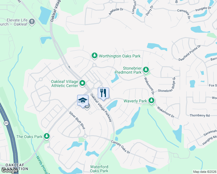 map of restaurants, bars, coffee shops, grocery stores, and more near 3330 Village Oaks Lane in Orange Park