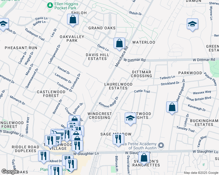map of restaurants, bars, coffee shops, grocery stores, and more near 9003 Jodie Lane in Austin