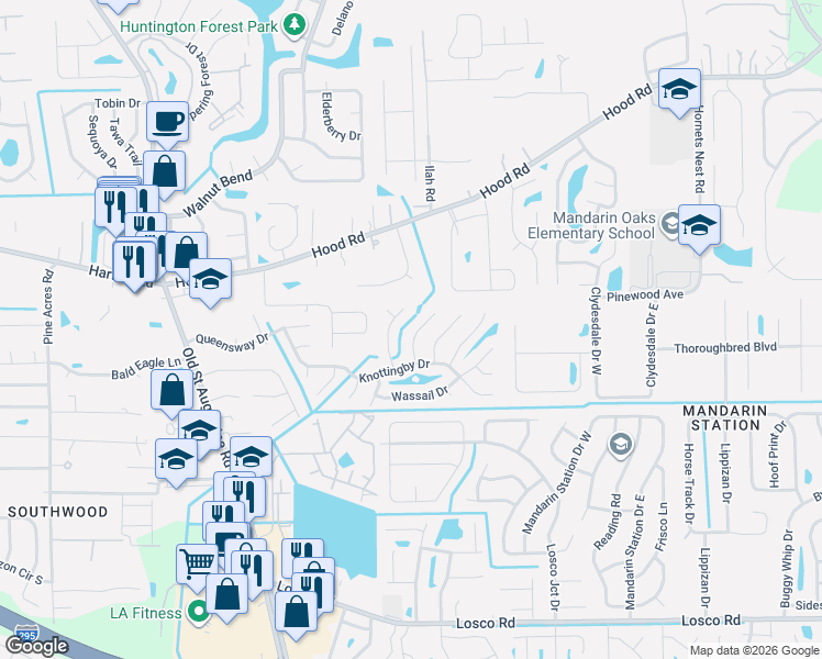 map of restaurants, bars, coffee shops, grocery stores, and more near 10660 Squires Court in Jacksonville
