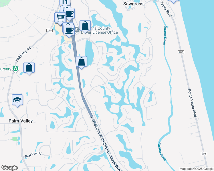 map of restaurants, bars, coffee shops, grocery stores, and more near 11 Spy Glass Lane in Ponte Vedra Beach