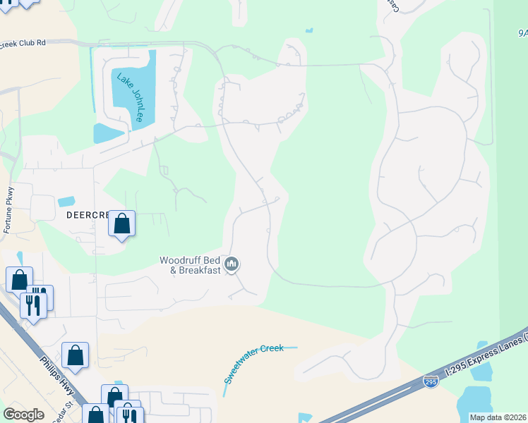 map of restaurants, bars, coffee shops, grocery stores, and more near 10108 Deercreek Club Road East in Jacksonville
