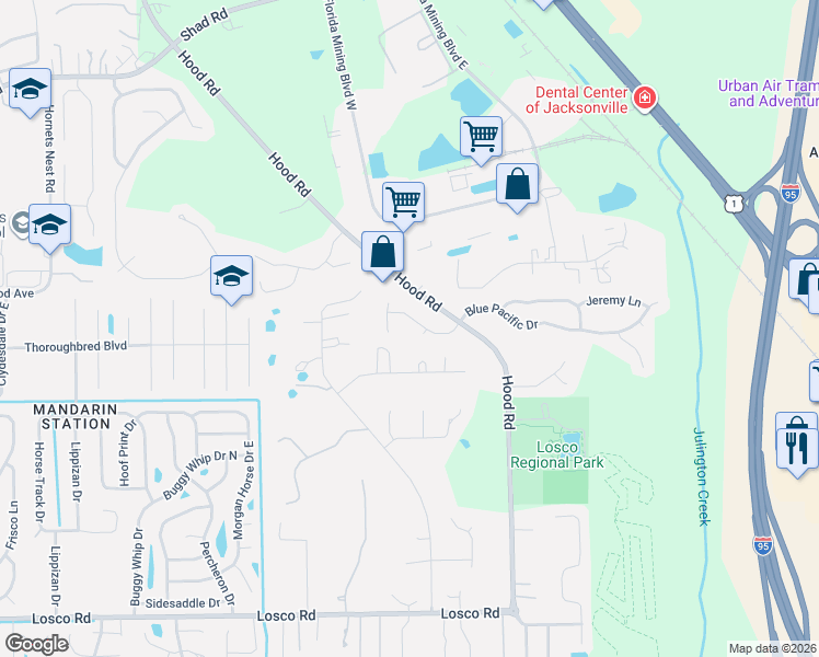 map of restaurants, bars, coffee shops, grocery stores, and more near 10595 Lake Hollow Lane in Jacksonville