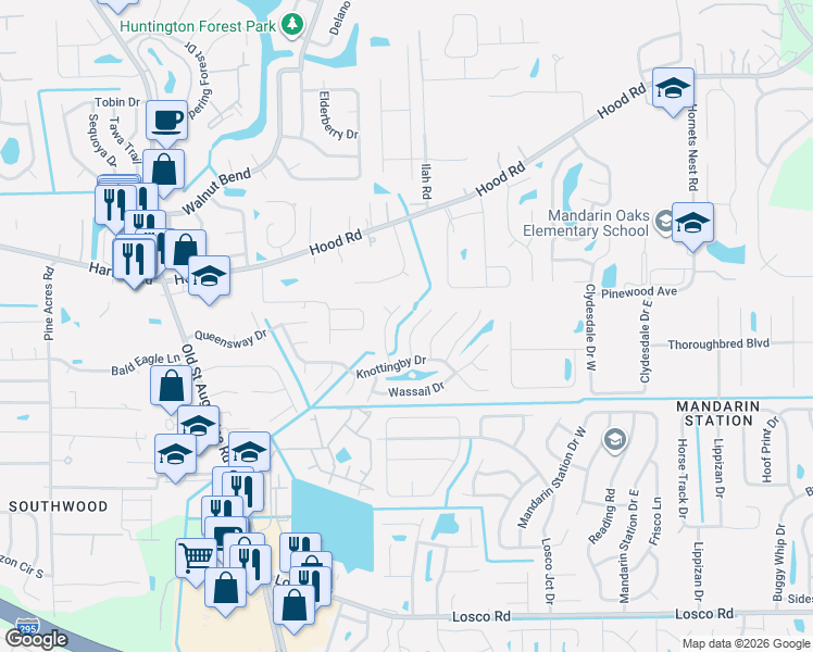 map of restaurants, bars, coffee shops, grocery stores, and more near 10739 Hearthstone Drive in Jacksonville