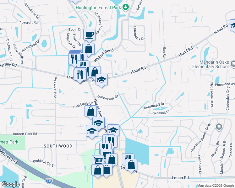 map of restaurants, bars, coffee shops, grocery stores, and more near 10736 Knottingby Drive in Jacksonville