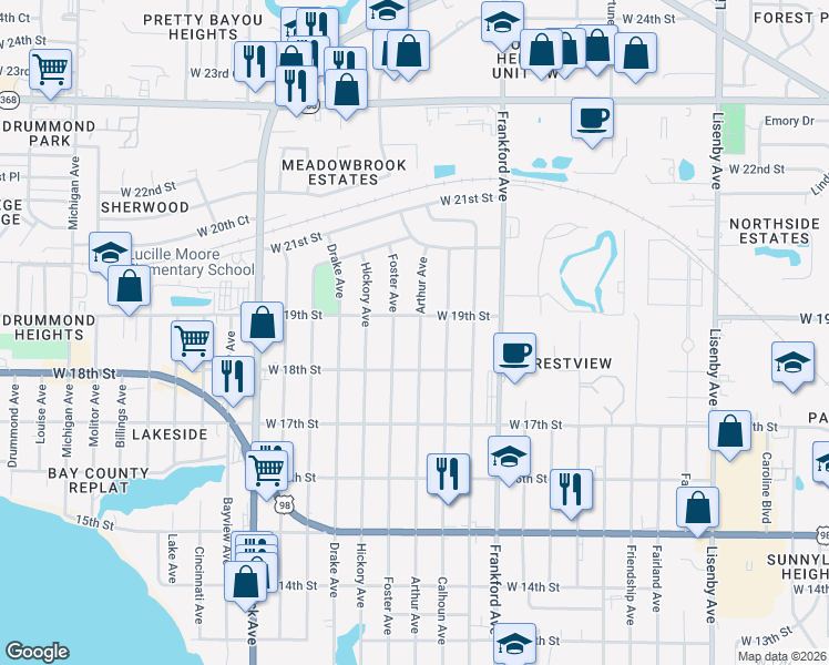 map of restaurants, bars, coffee shops, grocery stores, and more near 1804 Arthur Avenue in Panama City