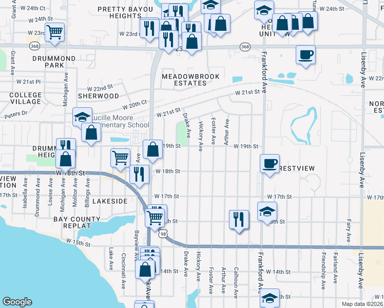 map of restaurants, bars, coffee shops, grocery stores, and more near 1804 Drake Avenue in Panama City