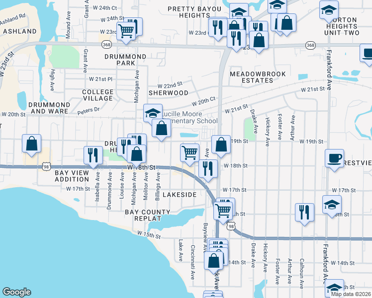 map of restaurants, bars, coffee shops, grocery stores, and more near 1804 Lake Avenue in Panama City