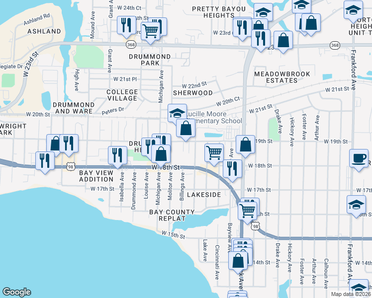 map of restaurants, bars, coffee shops, grocery stores, and more near 3534 U.S. 98 in Panama City
