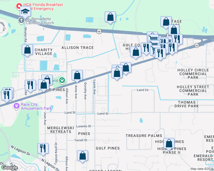 map of restaurants, bars, coffee shops, grocery stores, and more near 2212 Laurie Avenue in Panama City Beach