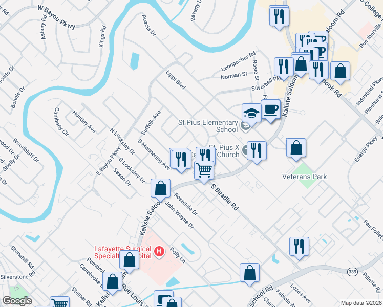 map of restaurants, bars, coffee shops, grocery stores, and more near 2-98 Wentworth Boulevard in Lafayette