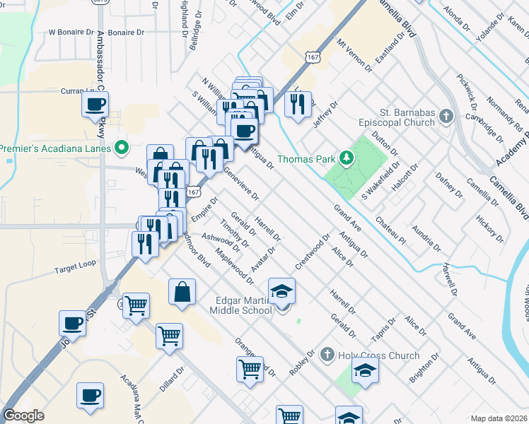 map of restaurants, bars, coffee shops, grocery stores, and more near 306 Harrell Drive in Lafayette