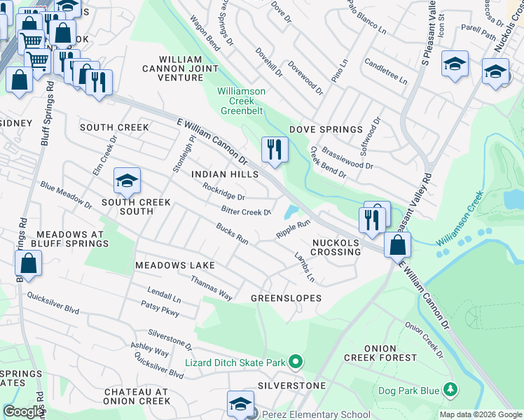 map of restaurants, bars, coffee shops, grocery stores, and more near 2517 Bitter Creek Drive in Austin