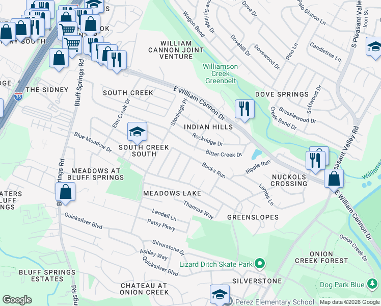 map of restaurants, bars, coffee shops, grocery stores, and more near 6803 Bitteroot Trail in Austin