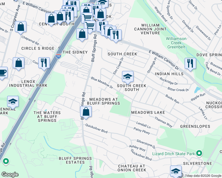 map of restaurants, bars, coffee shops, grocery stores, and more near 2114 Nogales Trail in Austin