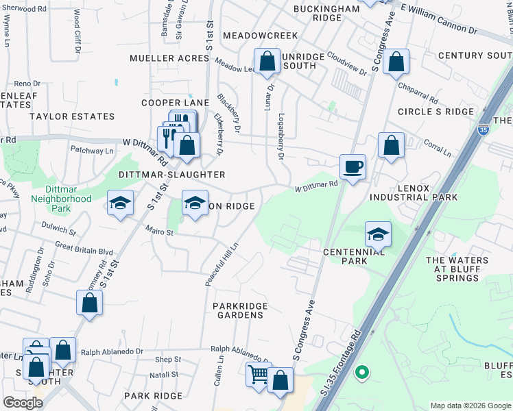 map of restaurants, bars, coffee shops, grocery stores, and more near 7900 Peaceful Hill Lane in Austin