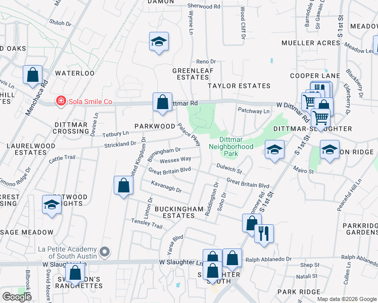 map of restaurants, bars, coffee shops, grocery stores, and more near 905 Wessex Way in Austin