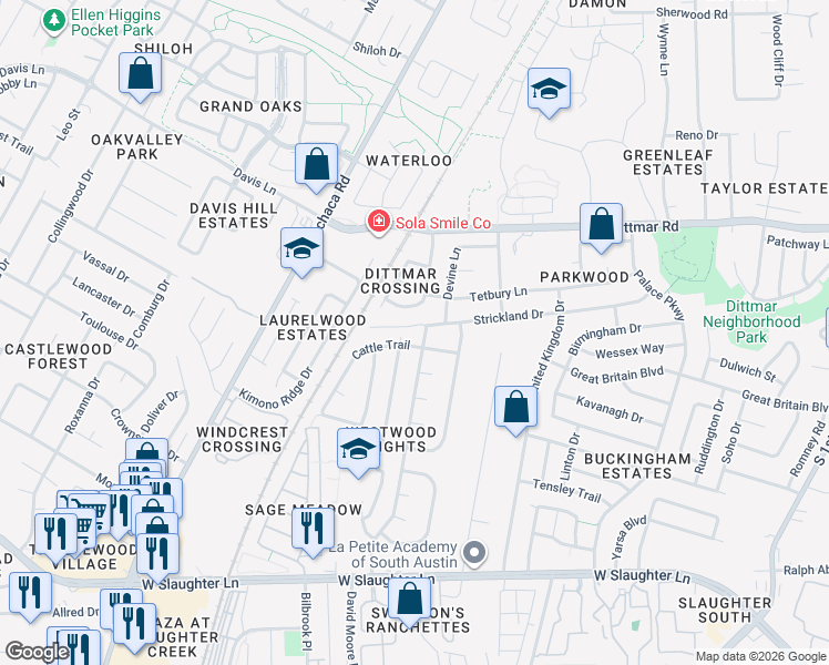 map of restaurants, bars, coffee shops, grocery stores, and more near 1507 Cattle Trail in Austin