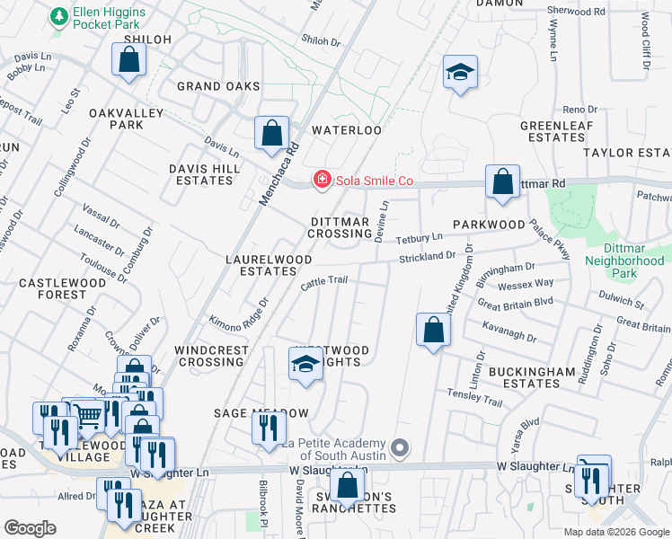 map of restaurants, bars, coffee shops, grocery stores, and more near 1507 Cattle Trail in Austin