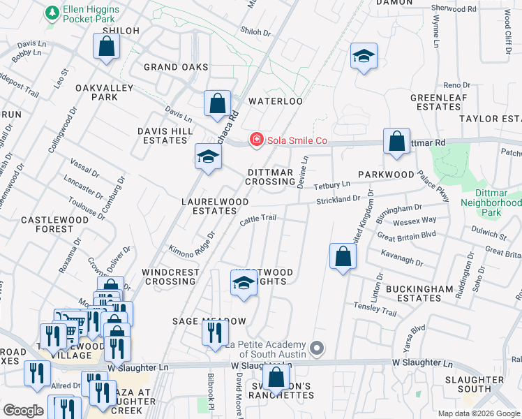 map of restaurants, bars, coffee shops, grocery stores, and more near 1507 Cattle Trail in Austin