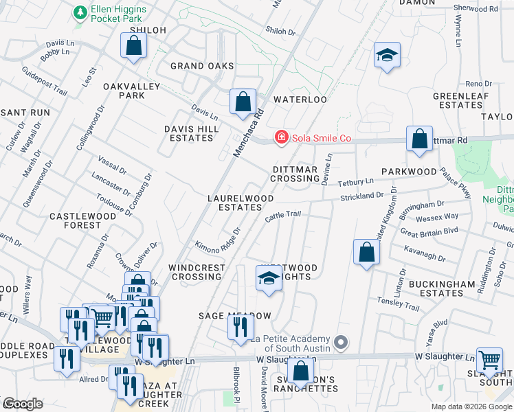 map of restaurants, bars, coffee shops, grocery stores, and more near 1606 Cattle Trail in Austin