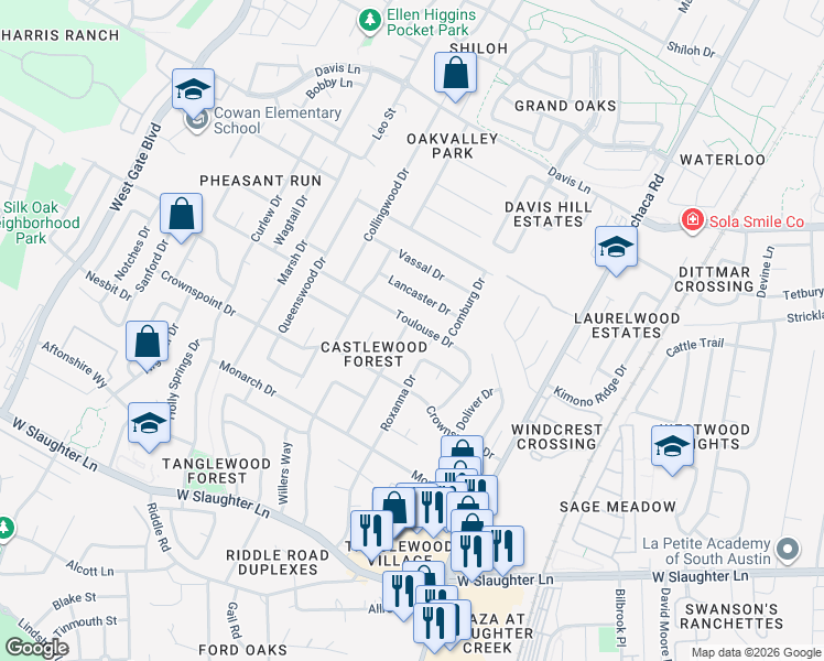 map of restaurants, bars, coffee shops, grocery stores, and more near 9303 Castlewood Drive in Austin