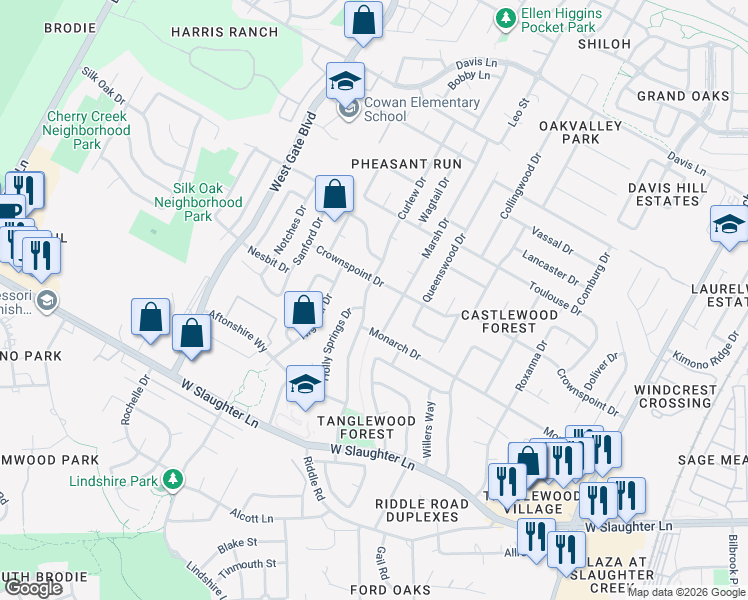 map of restaurants, bars, coffee shops, grocery stores, and more near 9601 Holly Springs Drive in Austin