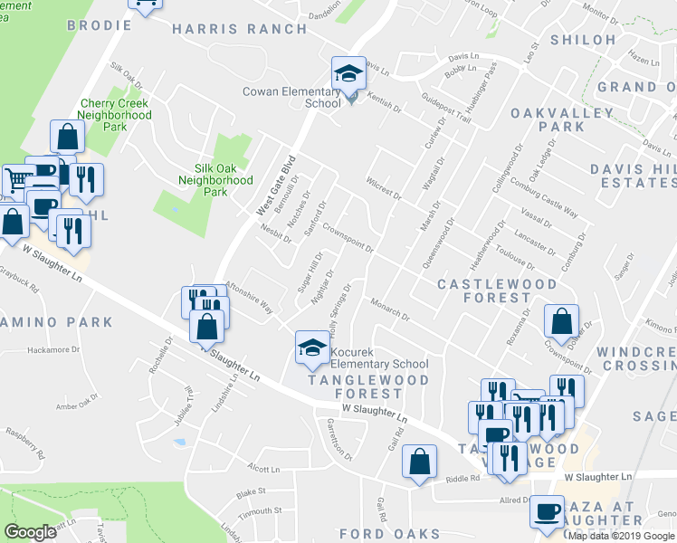 map of restaurants, bars, coffee shops, grocery stores, and more near 9617 Nightjar Drive in Austin