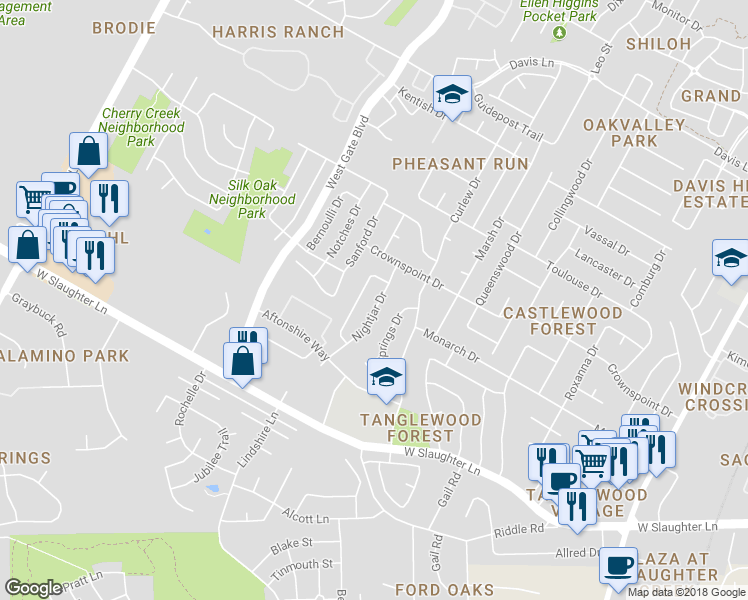 map of restaurants, bars, coffee shops, grocery stores, and more near 9617 Nightjar Drive in Austin