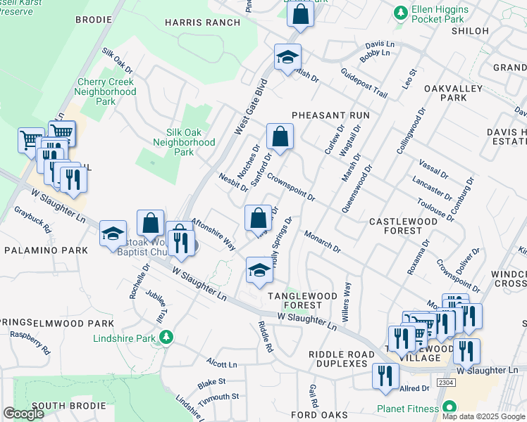 map of restaurants, bars, coffee shops, grocery stores, and more near 9617 Nightjar Drive in Austin
