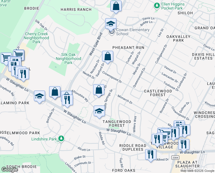 map of restaurants, bars, coffee shops, grocery stores, and more near 9617 Nightjar Drive in Austin