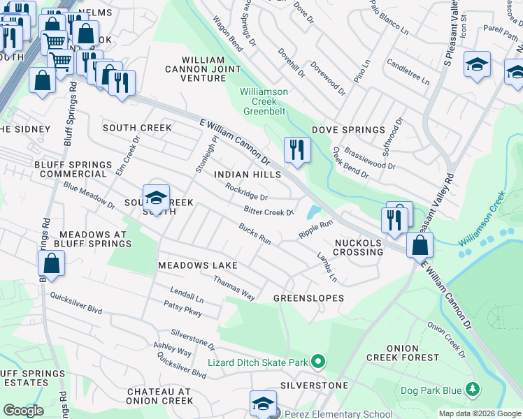 map of restaurants, bars, coffee shops, grocery stores, and more near 2422 Bitter Creek Drive in Austin