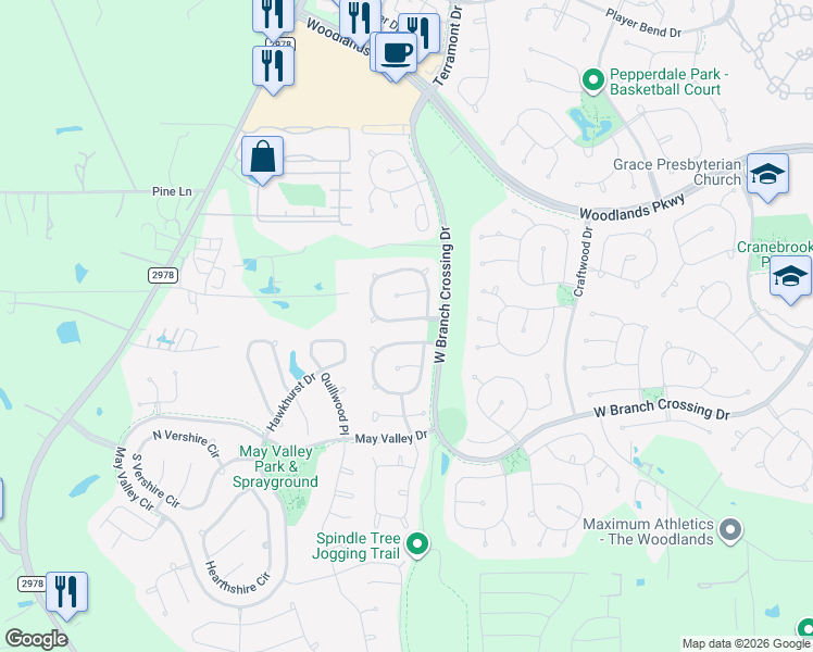 map of restaurants, bars, coffee shops, grocery stores, and more near 19 Frontera Circle in Spring