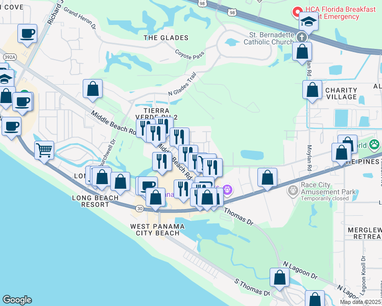 map of restaurants, bars, coffee shops, grocery stores, and more near 103 Willoughby Bay Boulevard in Panama City Beach