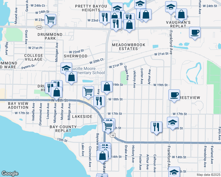 map of restaurants, bars, coffee shops, grocery stores, and more near 1804 Beck Avenue in Panama City