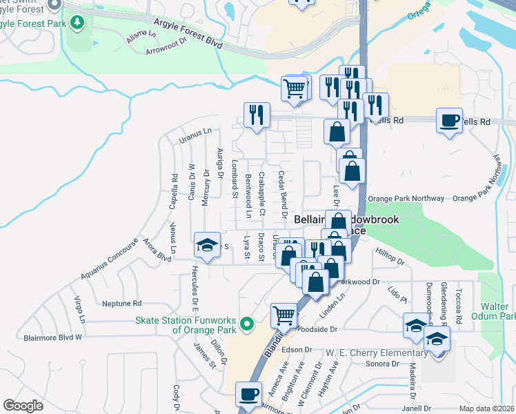 map of restaurants, bars, coffee shops, grocery stores, and more near 475 Crabapple Court in Orange Park