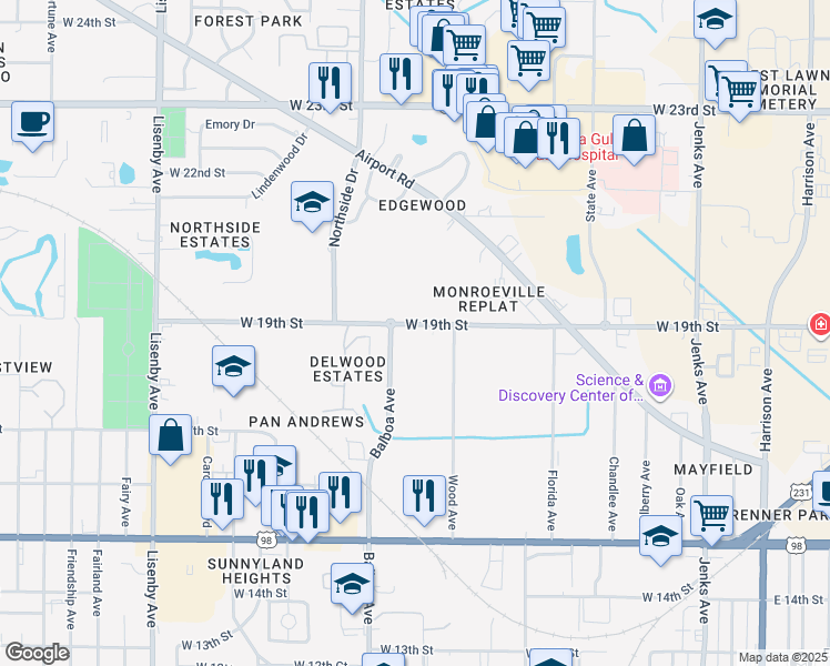 map of restaurants, bars, coffee shops, grocery stores, and more near 901 West 19th Street in Panama City