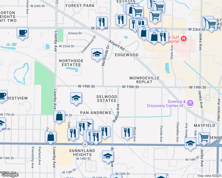 map of restaurants, bars, coffee shops, grocery stores, and more near 1025 19th Street in Panama City